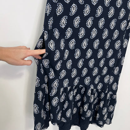 J Jill Paisley Dress Ruffle Hem Navy Blue Size XSP High Low Pockets Classic