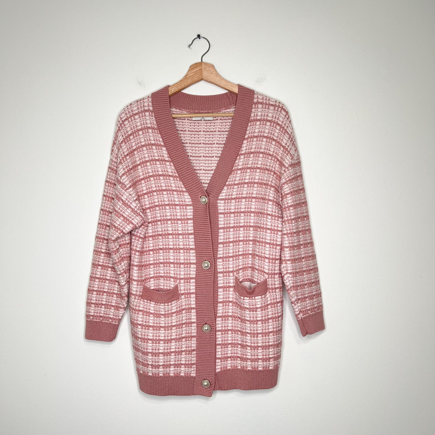 Babaton Aritzia 100% Merino Wool Lacer Plaid Cardigan Size XS Pink Pearl Buttons