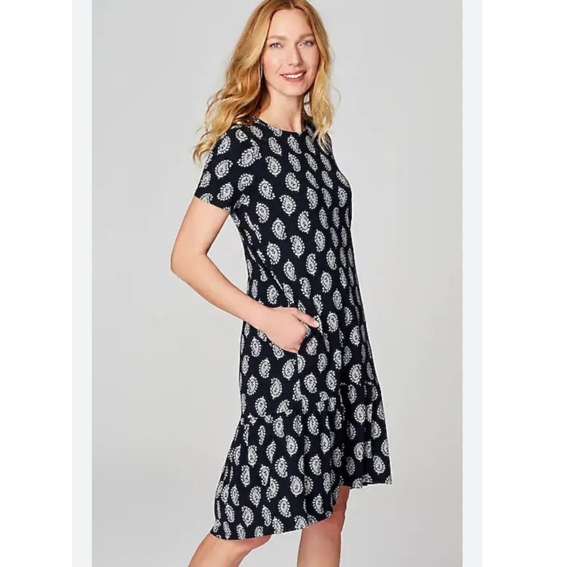 J Jill Paisley Dress Ruffle Hem Navy Blue Size XSP High Low Pockets Classic