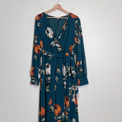 BALTIC BORN Lydia Floral Maxi Dress XXL Green Long Sleeve Chiffon Wedding Guest