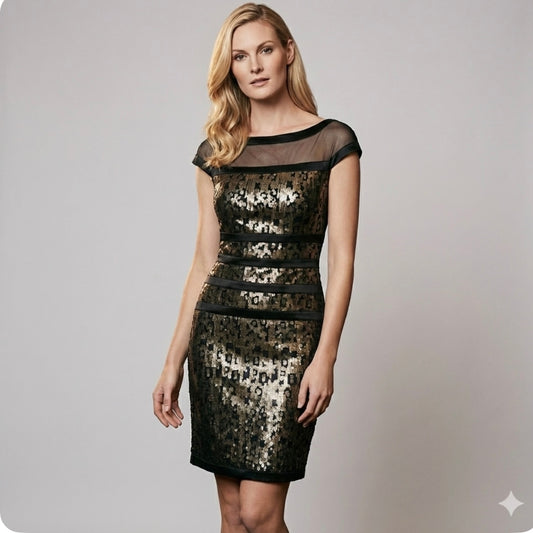 Tadashi Shoji Black Gold Sequin Mesh Illusion Cocktail Sheath Dress Size 8