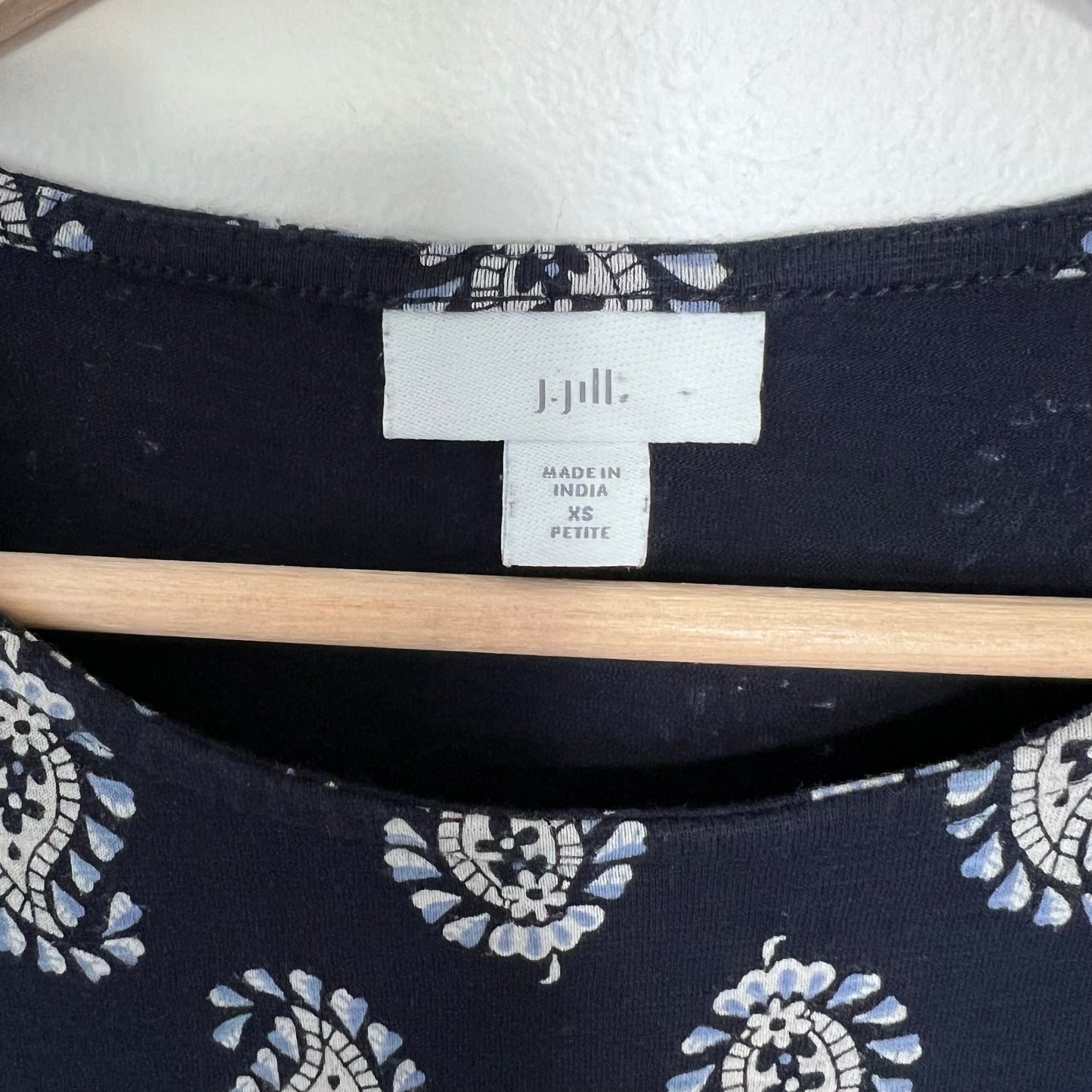 J Jill Paisley Dress Ruffle Hem Navy Blue Size XSP High Low Pockets Classic