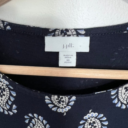J Jill Paisley Dress Ruffle Hem Navy Blue Size XSP High Low Pockets Classic