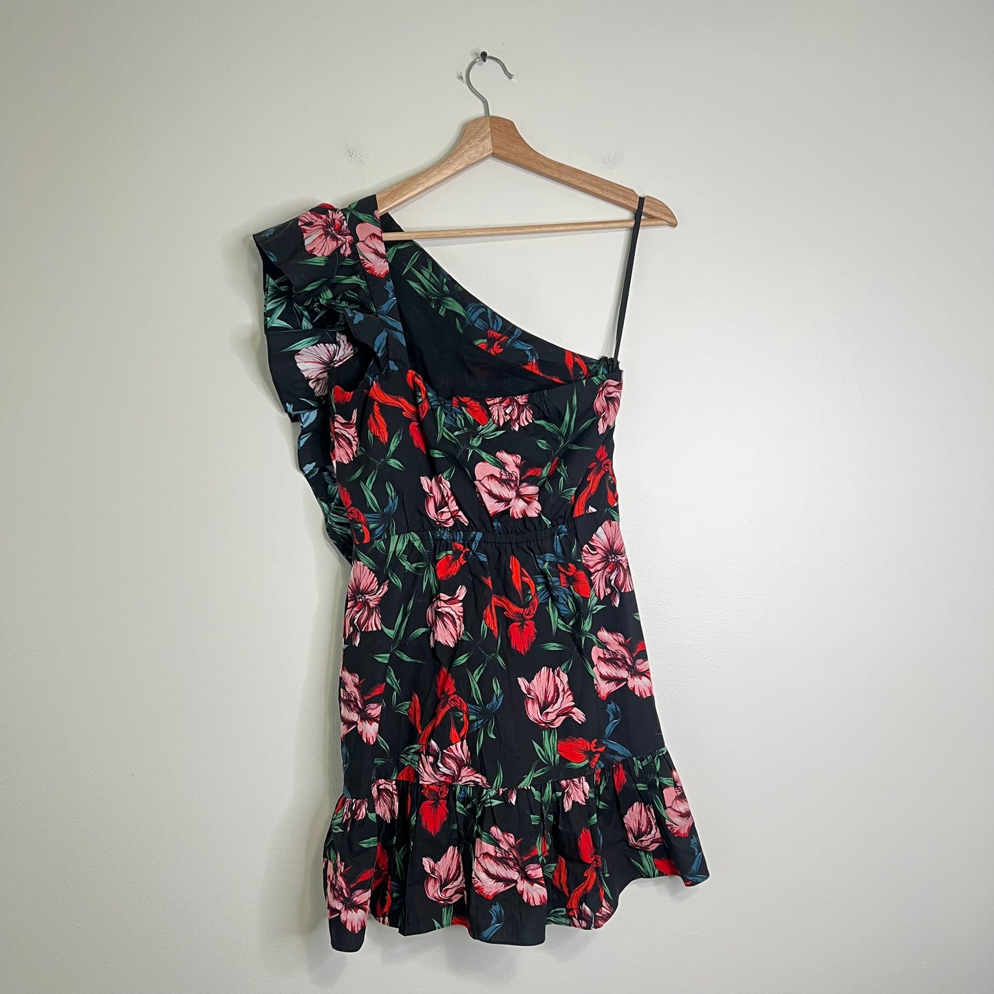 Pam & Gela Bali High One Shoulder Floral Cotton Mini Dress NEW Size Small Ruffle