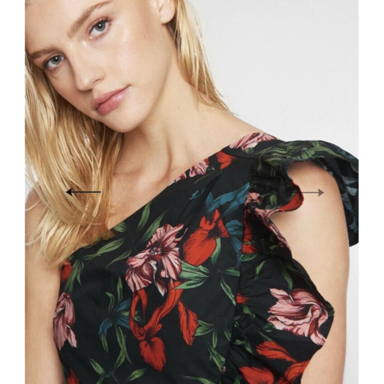 Pam & Gela Bali High One Shoulder Floral Cotton Mini Dress NEW Size Small Ruffle