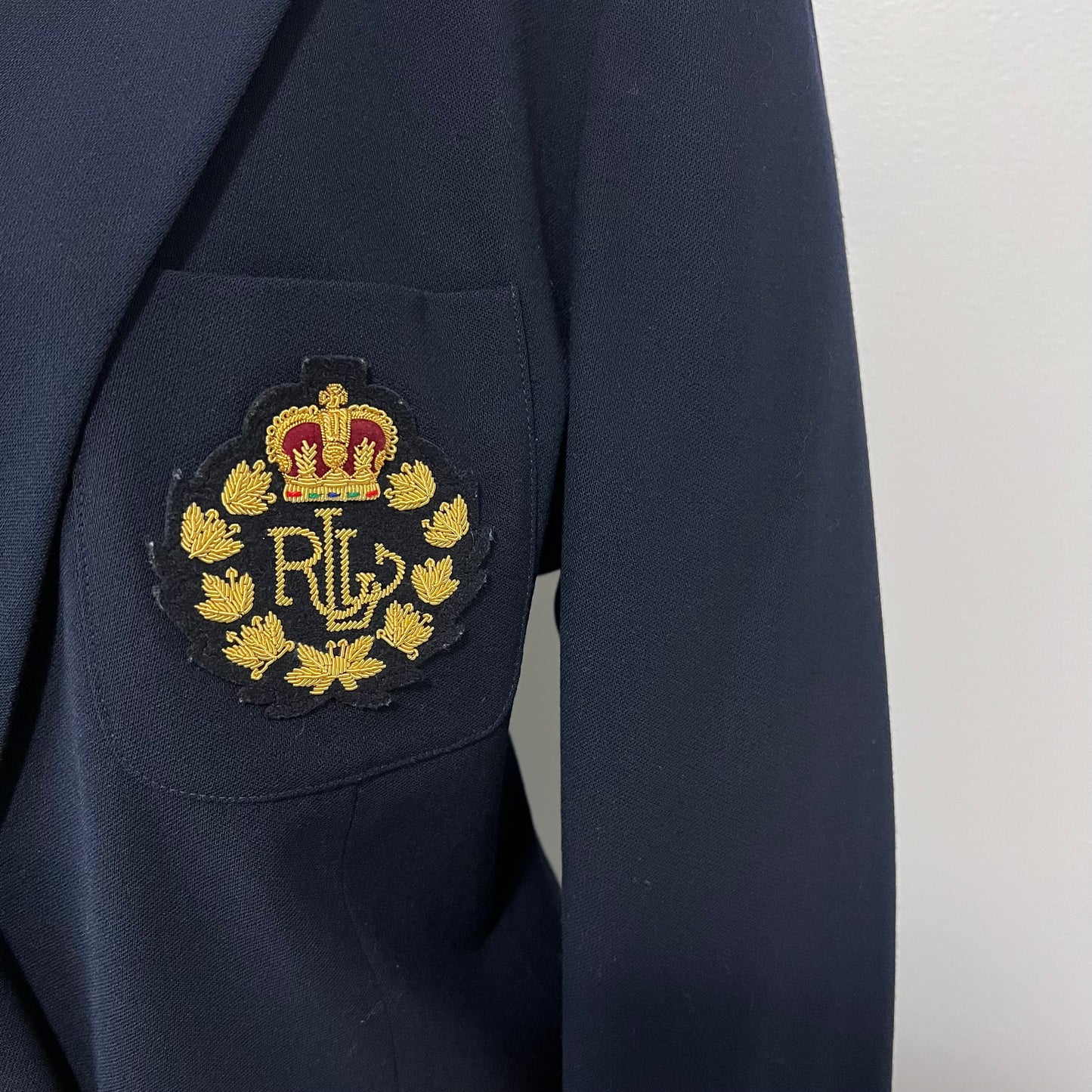 Lauren Ralph Lauren Blazer 14 Navy Wool Crest Logo Embroidered Emblem Jacket Academia