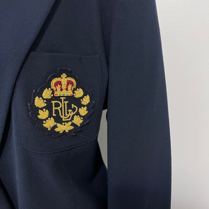 Lauren Ralph Lauren Blazer 14 Navy Wool Crest Logo Embroidered Emblem Jacket Academia
