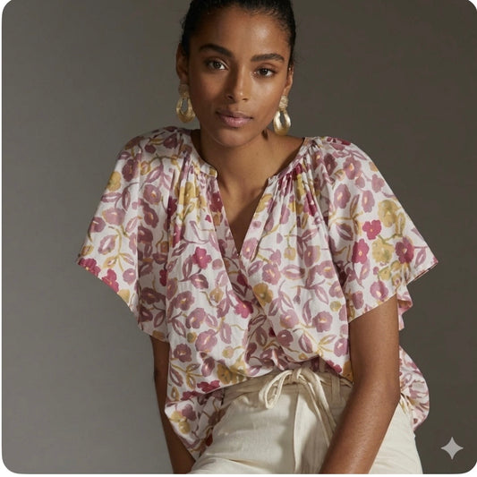 Velvet by Graham & Spencer Anthropologie Floral Flutter Sleeve Blouse NEW Large