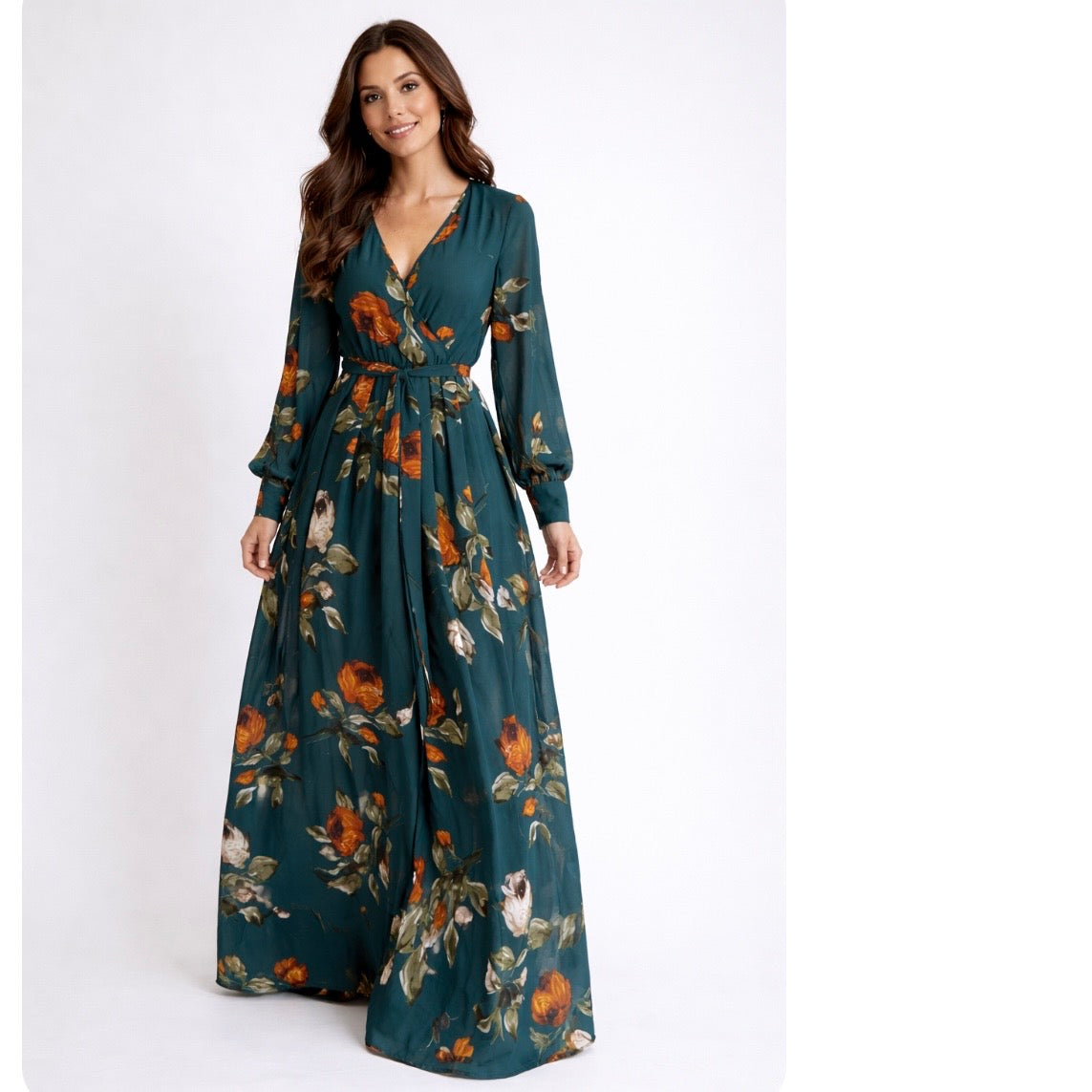 BALTIC BORN Lydia Floral Maxi Dress XXL Green Long Sleeve Chiffon Wedding Guest