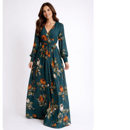 BALTIC BORN Lydia Floral Maxi Dress XXL Green Long Sleeve Chiffon Wedding Guest