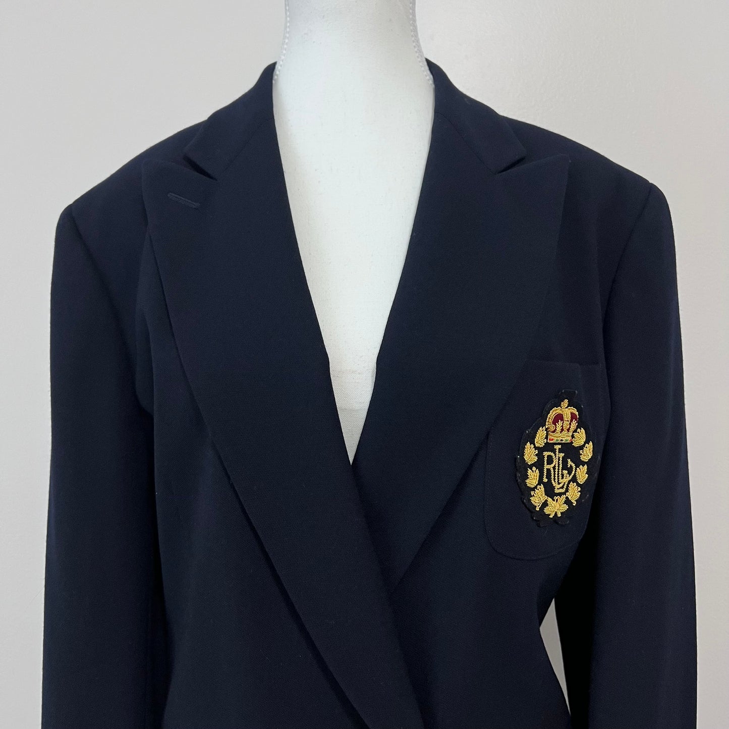 Lauren Ralph Lauren Blazer 14 Navy Wool Crest Logo Embroidered Emblem Jacket Academia