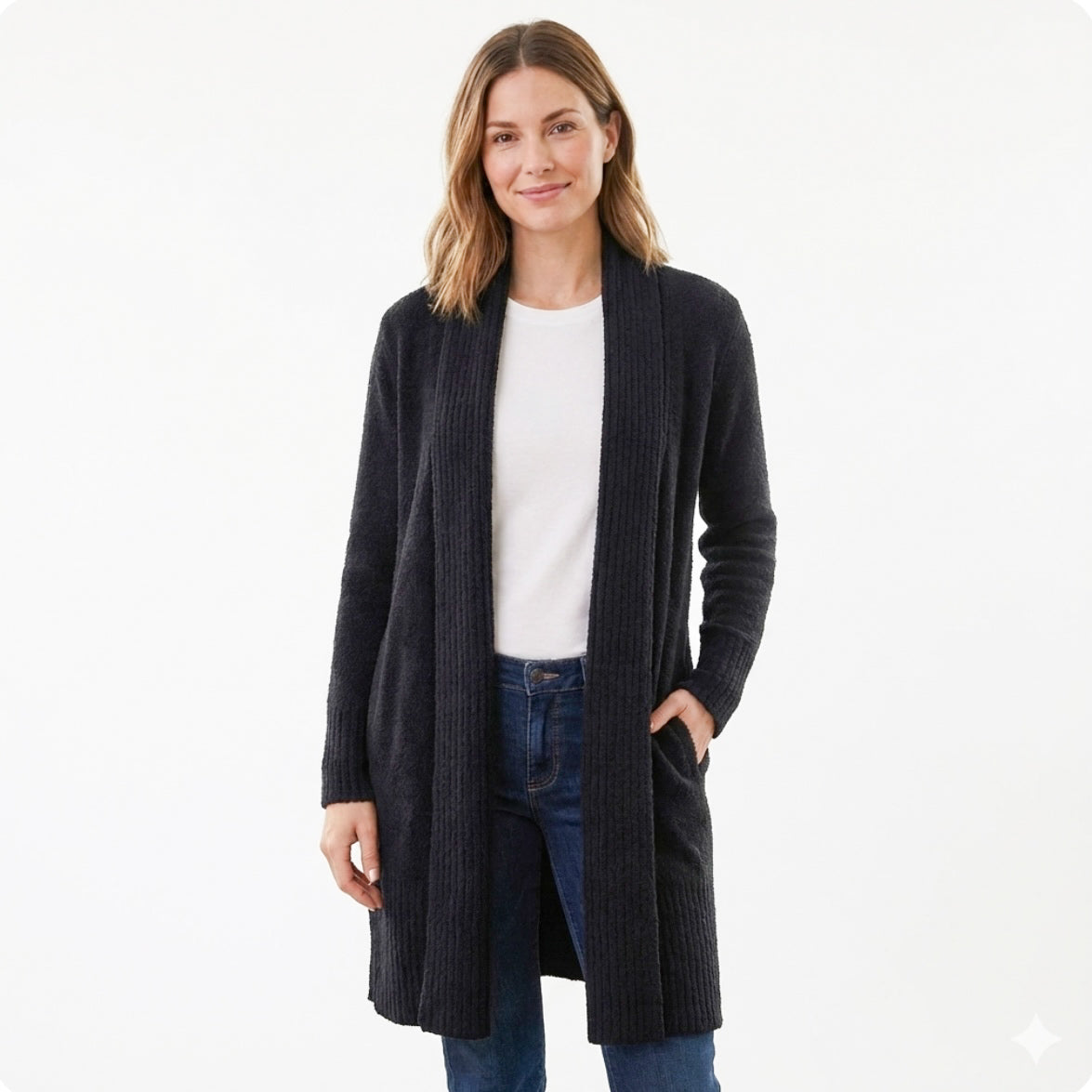 Barefoot Dreams CozyChic Lite Catalina Long Cardigan NEW Black Size Large Petite