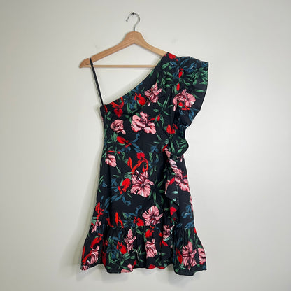 Pam & Gela Bali High One Shoulder Floral Cotton Mini Dress NEW Size Small Ruffle