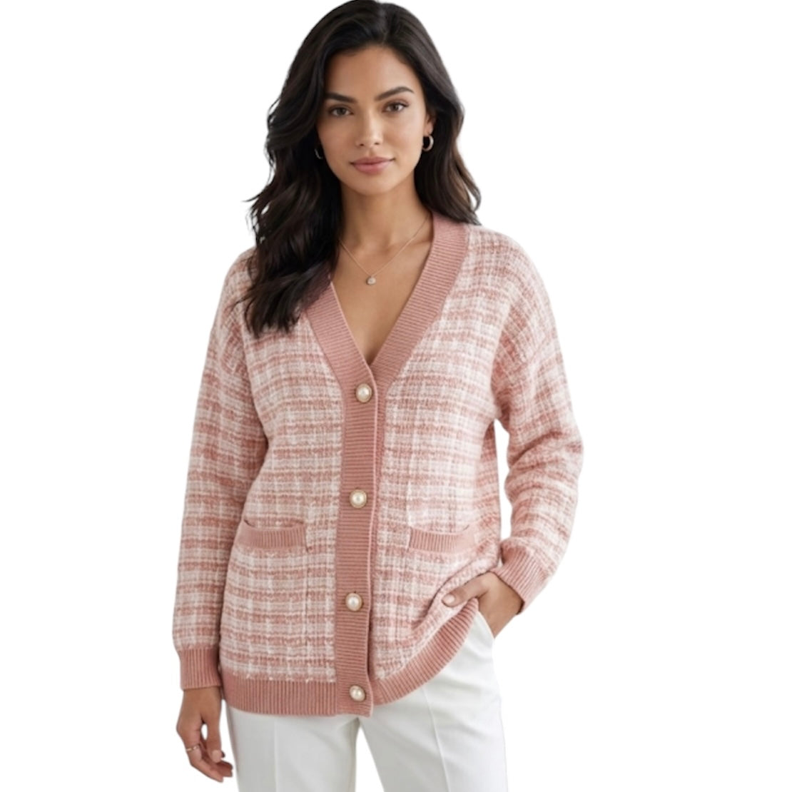 Babaton Aritzia 100% Merino Wool Lacer Plaid Cardigan Size XS Pink Pearl Buttons
