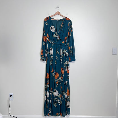 BALTIC BORN Lydia Floral Maxi Dress XXL Green Long Sleeve Chiffon Wedding Guest