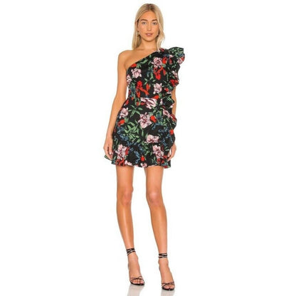 Pam & Gela Bali High One Shoulder Floral Cotton Mini Dress NEW Size Small Ruffle