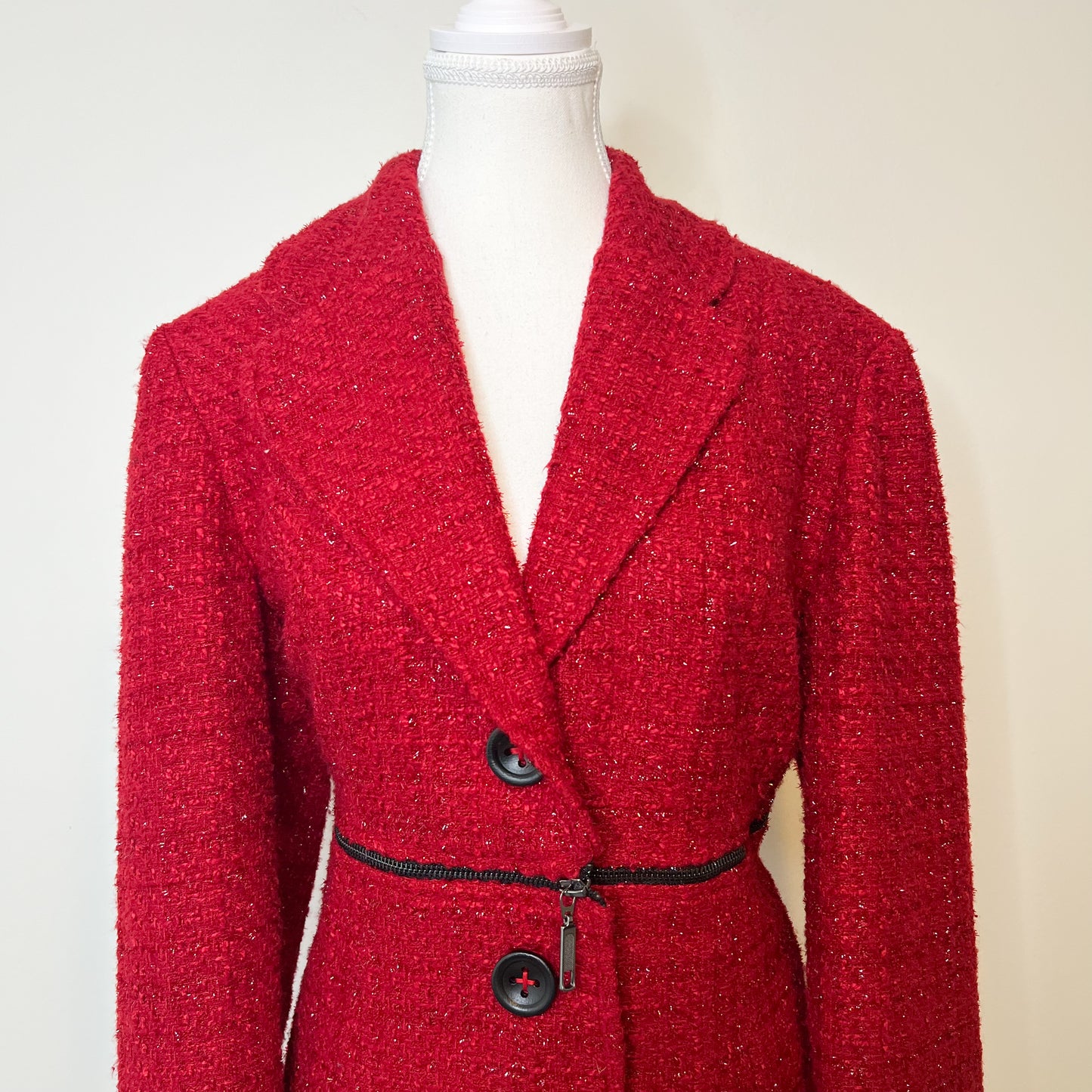 Joseph Ribkoff Red Metallic Tweed Blazer Jacket Size 14 Holiday Christmas