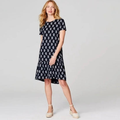 J Jill Paisley Dress Ruffle Hem Navy Blue Size XSP High Low Pockets Classic