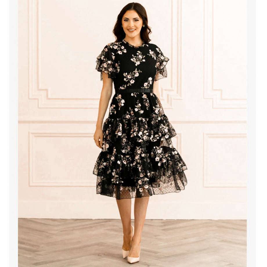 Rachel Parcell Embroidered Tiered Mesh Dress NEW Size Medium Floral