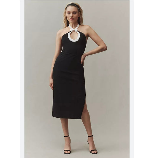 BHLDN Anthropologie Victoria Bow Halter Cutout Midi Dress NEW Size S Black White