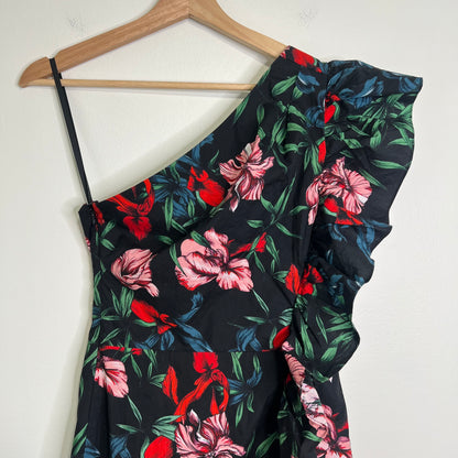 Pam & Gela Bali High One Shoulder Floral Cotton Mini Dress NEW Size Small Ruffle