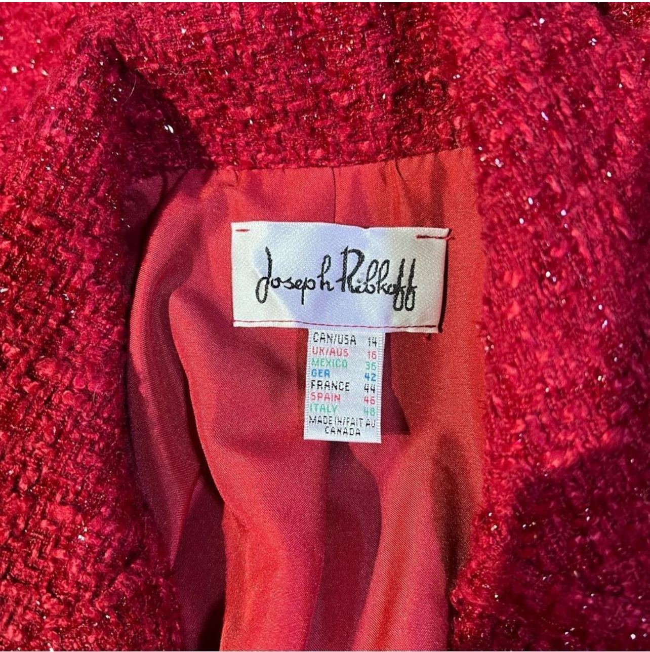 Joseph Ribkoff Red Metallic Tweed Blazer Jacket Size 14 Holiday Christmas