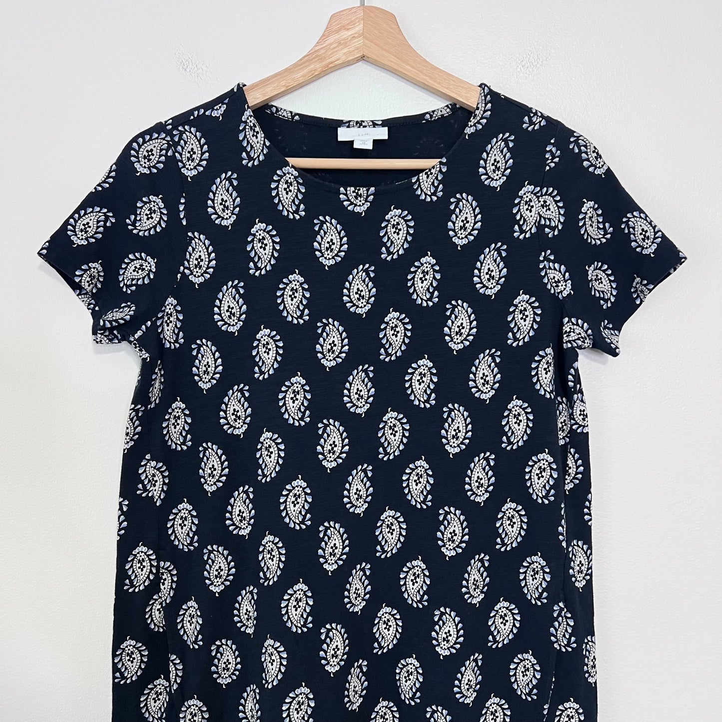 J Jill Paisley Dress Ruffle Hem Navy Blue Size XSP High Low Pockets Classic