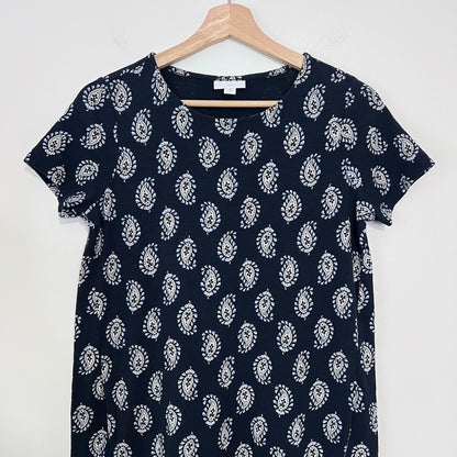 J Jill Paisley Dress Ruffle Hem Navy Blue Size XSP High Low Pockets Classic