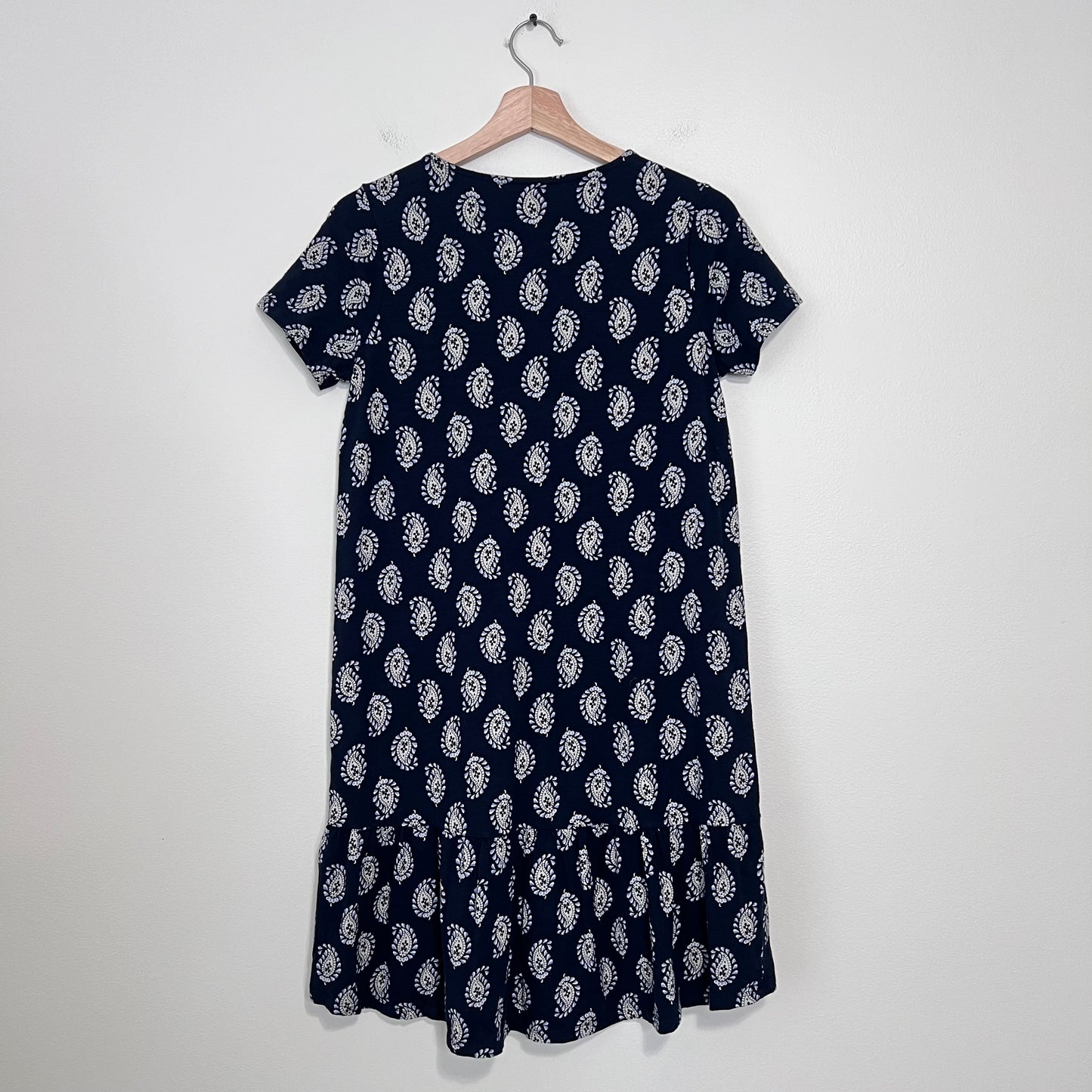 J Jill Paisley Dress Ruffle Hem Navy Blue Size XSP High Low Pockets Classic