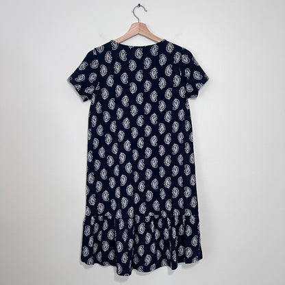 J Jill Paisley Dress Ruffle Hem Navy Blue Size XSP High Low Pockets Classic
