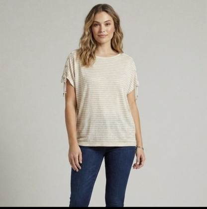 Lauren Ralph Lauren Metallic Gold Shimmer Boat Neck Short Sleeve Knit Top Size M