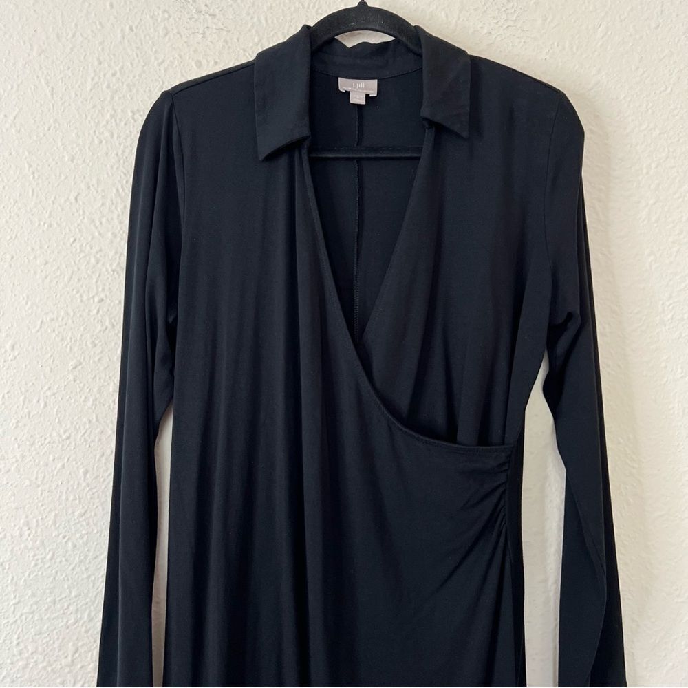 J. Jill Wearever Black Dress Long Sleeve Faux Wrap Size Medium Knee Length