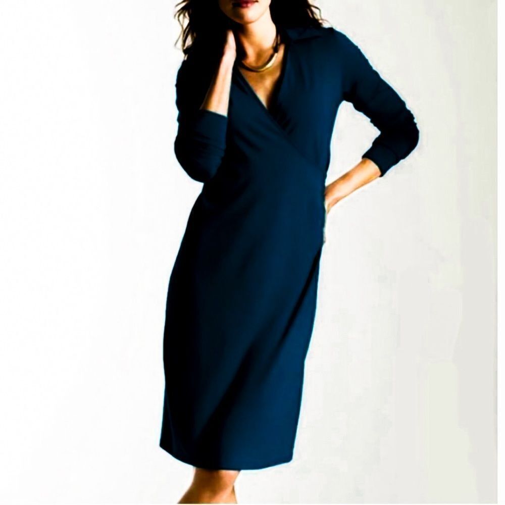 J. Jill Wearever Black Dress Long Sleeve Faux Wrap Size Medium Knee Length