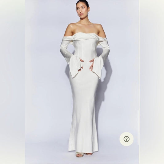 Meshki Giselle White Off the Shoulder Cowl Neck Satin Maxi Dress NEW Medium