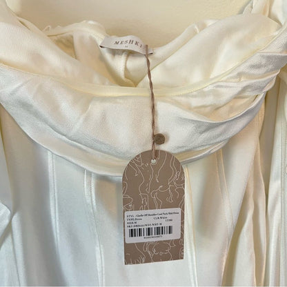 Meshki Giselle White Off the Shoulder Cowl Neck Satin Maxi Dress NEW Medium