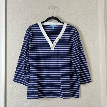 Draper James V-Neck Puff Sleeve Shirt in Nassau Navy Mariner Stripe Size XL