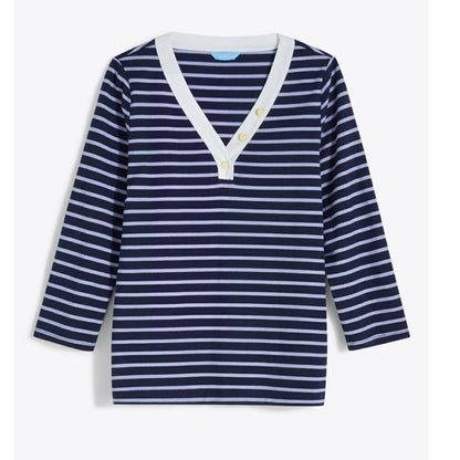 Draper James V-Neck Puff Sleeve Shirt in Nassau Navy Mariner Stripe Size XL