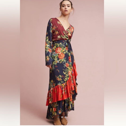 Anthropologie Farm Rio Audrey Wrap Maxi Dress Floral Long Sleeve Size SP