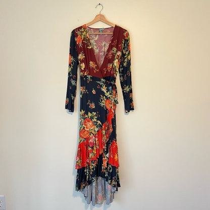 Anthropologie Farm Rio Audrey Wrap Maxi Dress Floral Long Sleeve Size SP