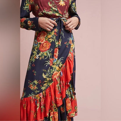 Anthropologie Farm Rio Audrey Wrap Maxi Dress Floral Long Sleeve Size SP