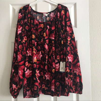 Terra & Sky Plus Size Peasant Floral Blouse Top 3X