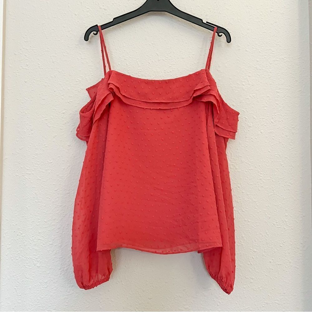 Ann Taylor Factory Clip Dot Ruffled Cold Shoulder Blouse NEW Size Medium
