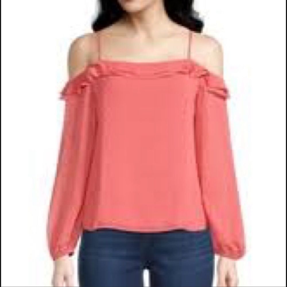 Ann Taylor Factory Clip Dot Ruffled Cold Shoulder Blouse NEW Size Medium