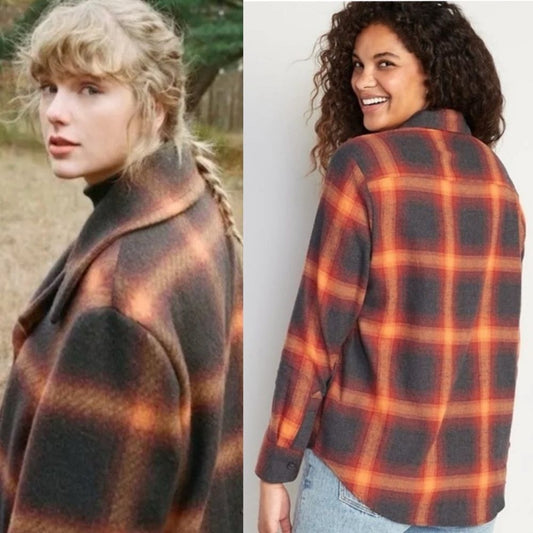 Taylor Swift Evermore Flannel Button Down Shirt Size Small Old Navy Orange Gray