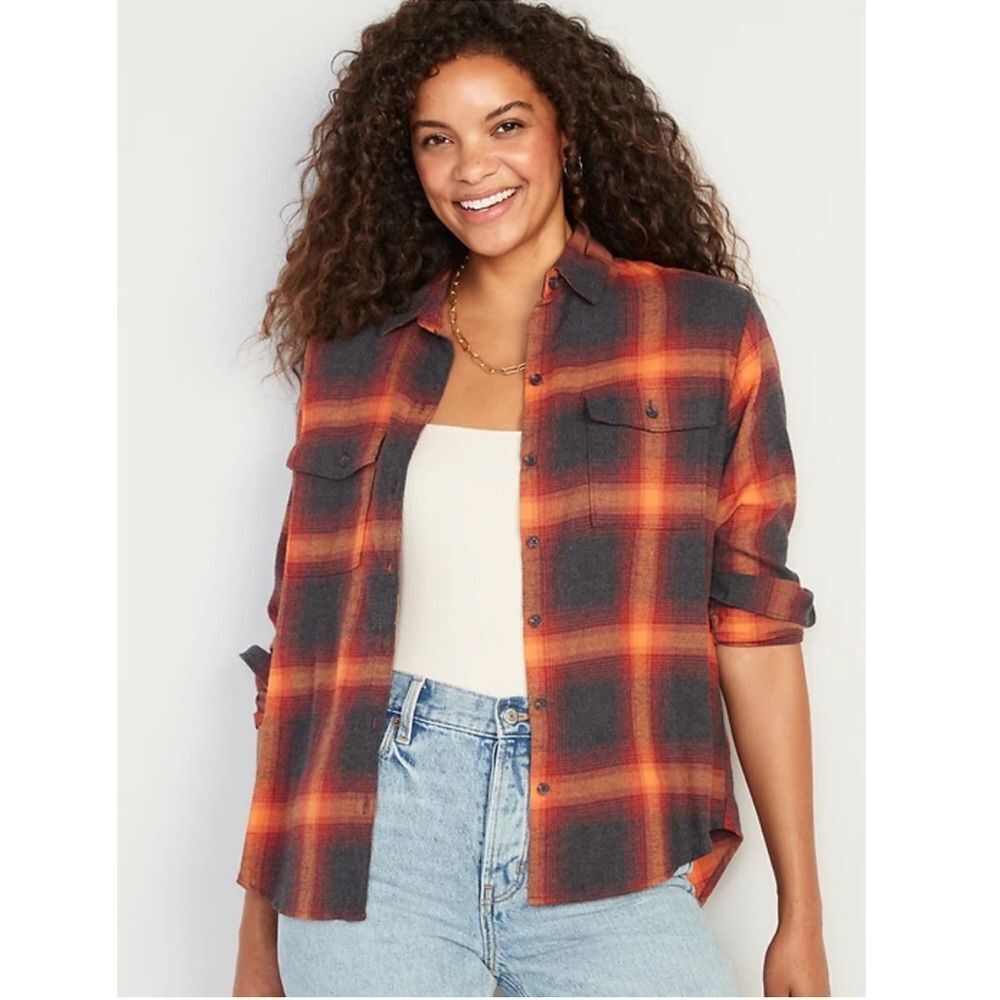 Taylor Swift Evermore Flannel Button Down Shirt Size Small Old Navy Orange Gray