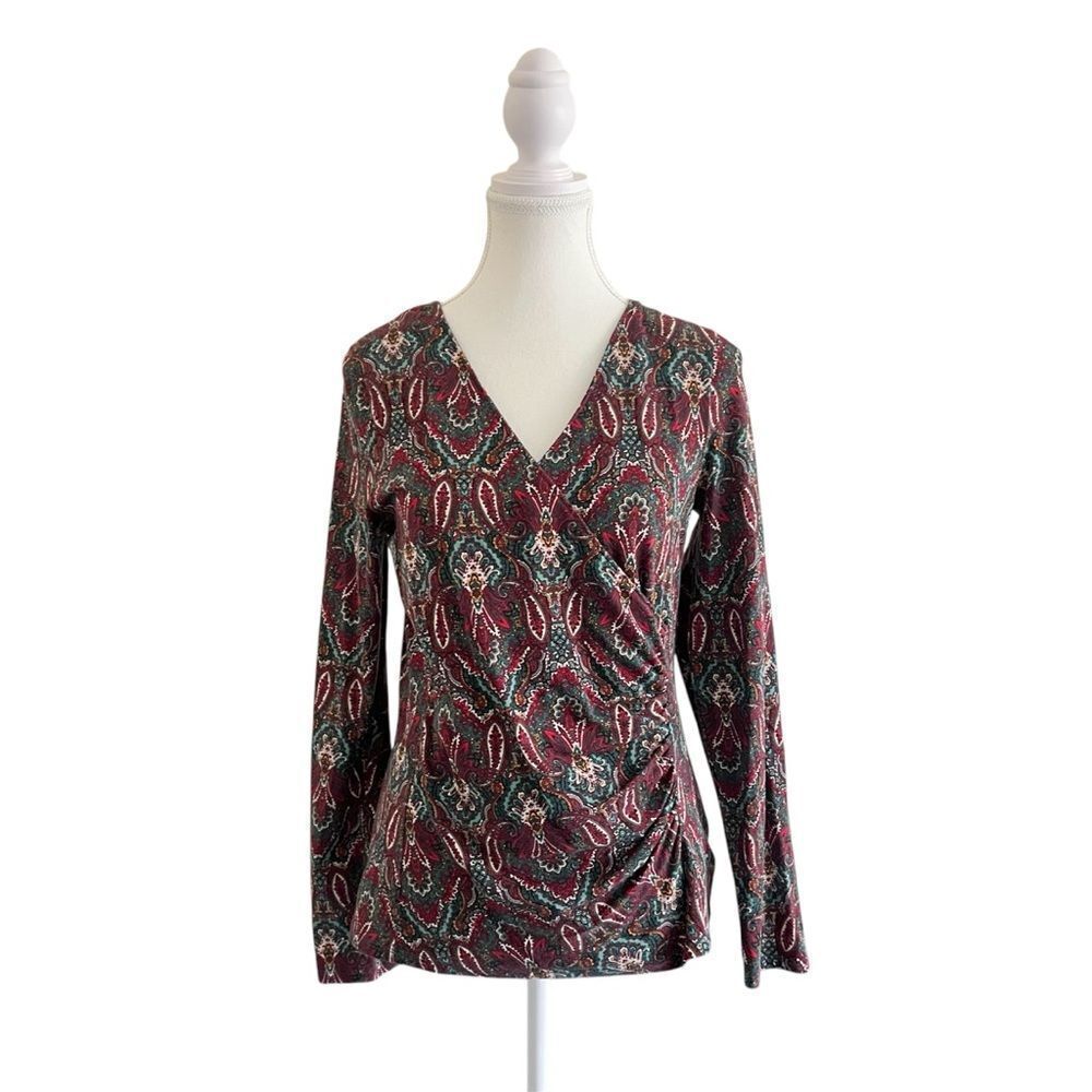 Talbots Faux Wrap Jewel Tone V-Neck Blouse Size Small Long Sleeve Paisley