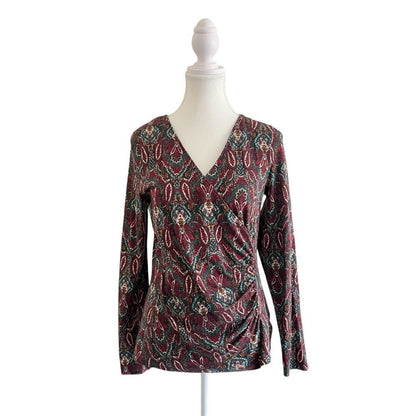 Talbots Faux Wrap Jewel Tone V-Neck Blouse Size Small Long Sleeve Paisley