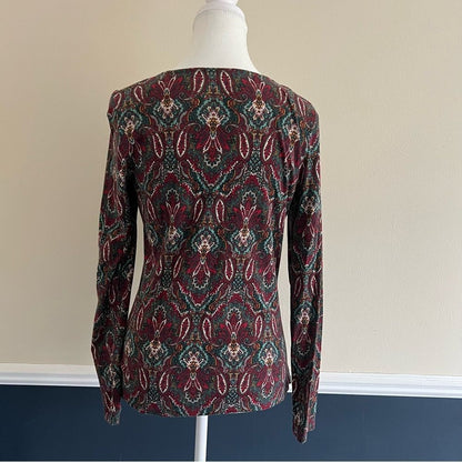 Talbots Faux Wrap Jewel Tone V-Neck Blouse Size Small Long Sleeve Paisley