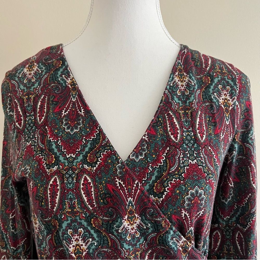 Talbots Faux Wrap Jewel Tone V-Neck Blouse Size Small Long Sleeve Paisley