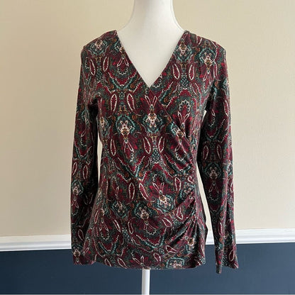 Talbots Faux Wrap Jewel Tone V-Neck Blouse Size Small Long Sleeve Paisley